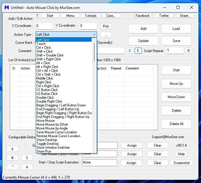 Actions Menu of Auto Mouse Click Utility